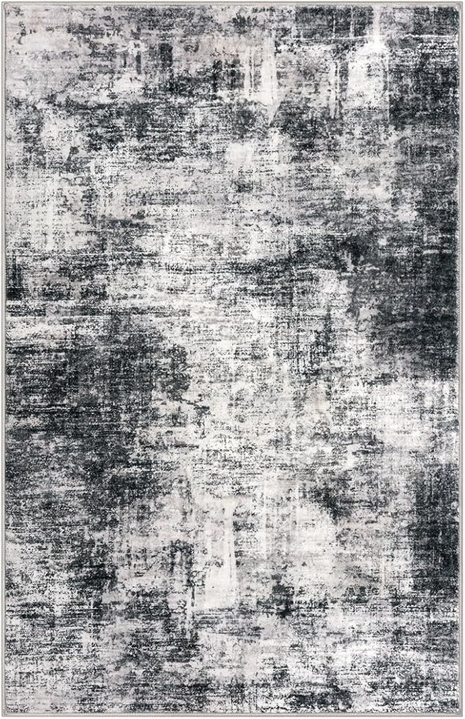 IOHOUZE Modern Abstract Area Rugs 6x9 Ft Washable Rugs for Living Room, Non Slip Dining Room Rug, Printed Faux Wool Rugs for Bedroom, Floor Carpet for Office Nursery Playroom, Black Grey