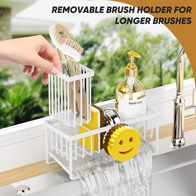 Sponge Holder for Kitchen Sink,Smiley Face Sink Caddy with Removable Brush Holder,Self-Draining Sponge Caddy for Sponge,Soap,Dish Brush,Scrubber,Kitchen Essentials and Gadgets-White