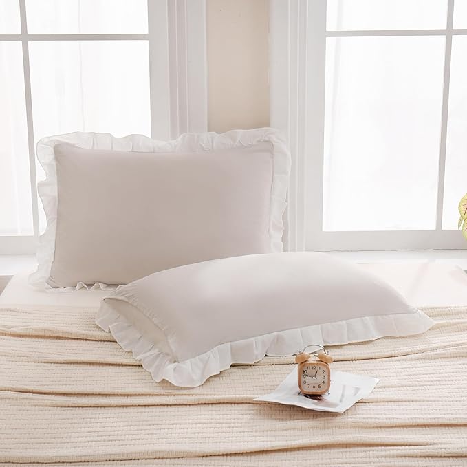 Merryword Beige Pillow Shams Beige and White Reversible Queen Pillowcases Cute Pillow Cover Set of 2 Soft Shabby Chic Ruffled Pillowcases 2 Pack (Queen (20''x30''), Beige White)