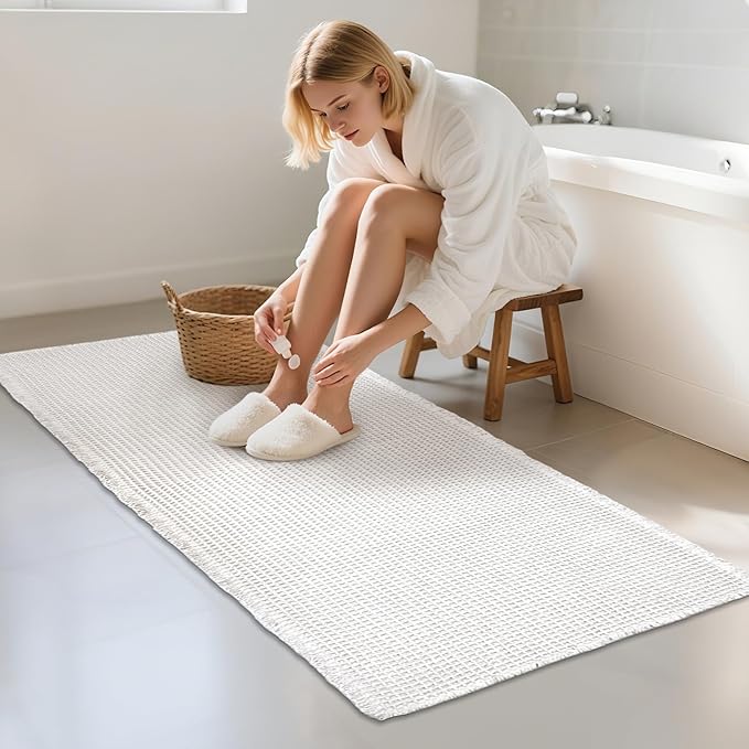 ZALL Waffle Bath Mat White Super Absorbent Non Slip Bathroom Rug 24x48inch,Machine Washable Ultra Soft Floor Mats