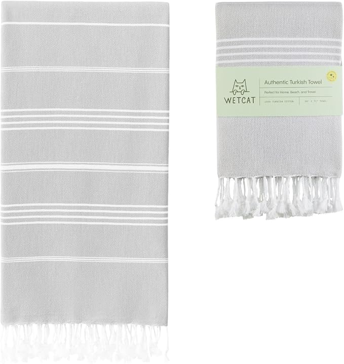 WETCAT Turkish Beach Towel Oversized (38"x71") 100% Turkish Cotton, Made in Turkey - Sand Free, Extra Large, Ultra Soft, Quick Drying, Compact & Lightweight for Travel - Light Grey