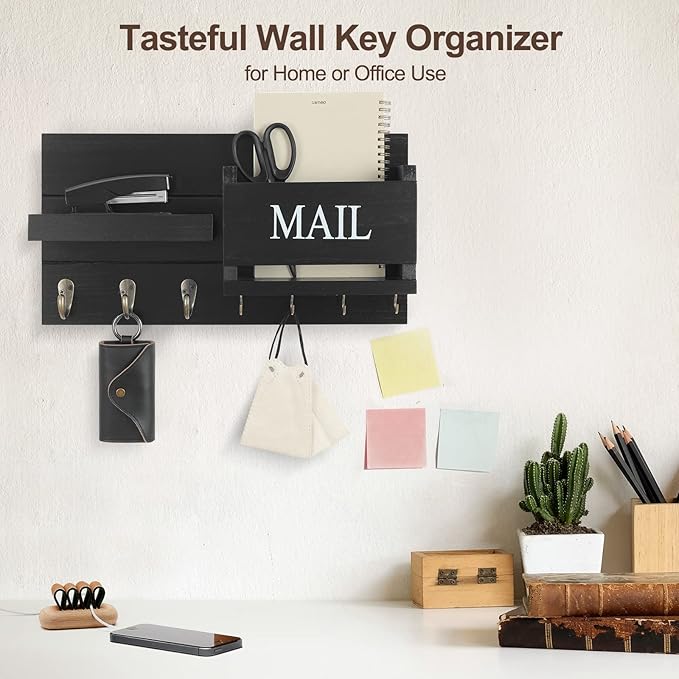 Mail Organizer for Wall Mount – Key Holder with Shelf Includes Letter Holder and Hooks for Hallway Farmhouse Decor – Rustic Wood with Flush Mounting Hardware (16.5” x 9.1” x 3.4”) (Black)
