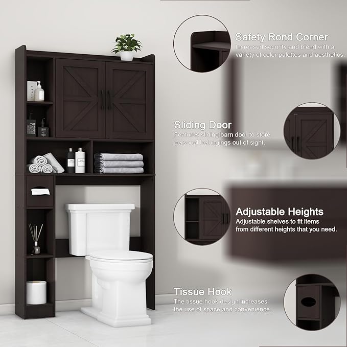 Over The Toilet Storage Cabinet, Farmhouse Storage Cabinet Over Toilet with 2 Barn Door & Toilet Paper Holder Stand,Home Space-Saving Toilet Rack, for Bathroom, Restroom, Laundry