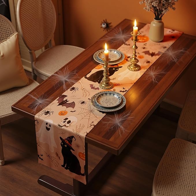 Halloween Table Runner with Ghosts,Black Cats,Pumpkins & Skeletons,Table Decoration for Dining Party and Home Decor,48x13 inches
