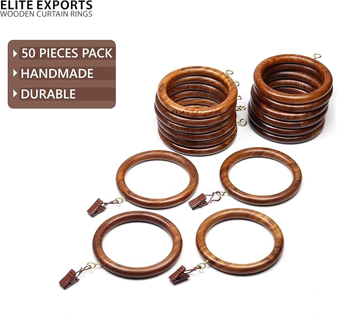 50 Pcs Curtain Rings with Clips Wooden, 3.5 inch for 1.5-2.5 inch Rod, Window Shower Curtain Hooks, Wood Curtain Rod Wood Curtain Rings with Eyelet, Drapery Rings, (50, 2.7 INCH Inner Dia)