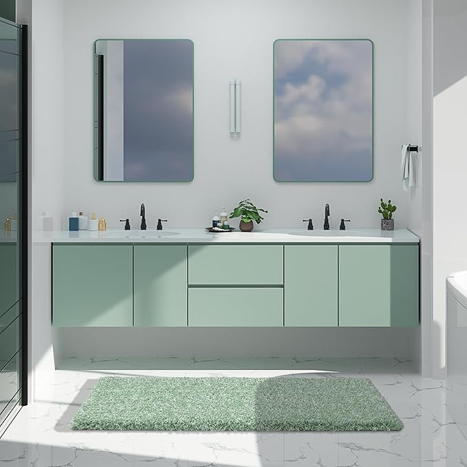 Yimobra Luxury Bathroom Rugs, Fluffy Bath Mats, Non Slip, Water Absorbent Microfiber, Machine Washable, Plush Runner Shower Rugs, Thick Matts for Bathroom Floor&Tub, 60"x 24", Light Green and White
