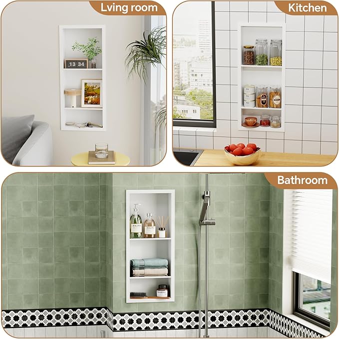 3-Tier Stainless Steel Shower Niche Insert, 29'' * 12'' No Tile Needed Bathroom Niche for Shower Wall, Recessed Wall Cabinet Shelves for Drywall, Living Room, in Wall Shower Shelves, White