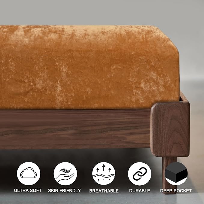 PHF Truly Velvet Fitted Sheet Only Twin Size, Luxury Super Soft Cozy Fuzzy Fleece Bottom Sheet, Deep Pocket Up to 16",Strenghth Elastic Band, Suitable for Fall Winter Spring,No Pillowcases,Brown Sugar