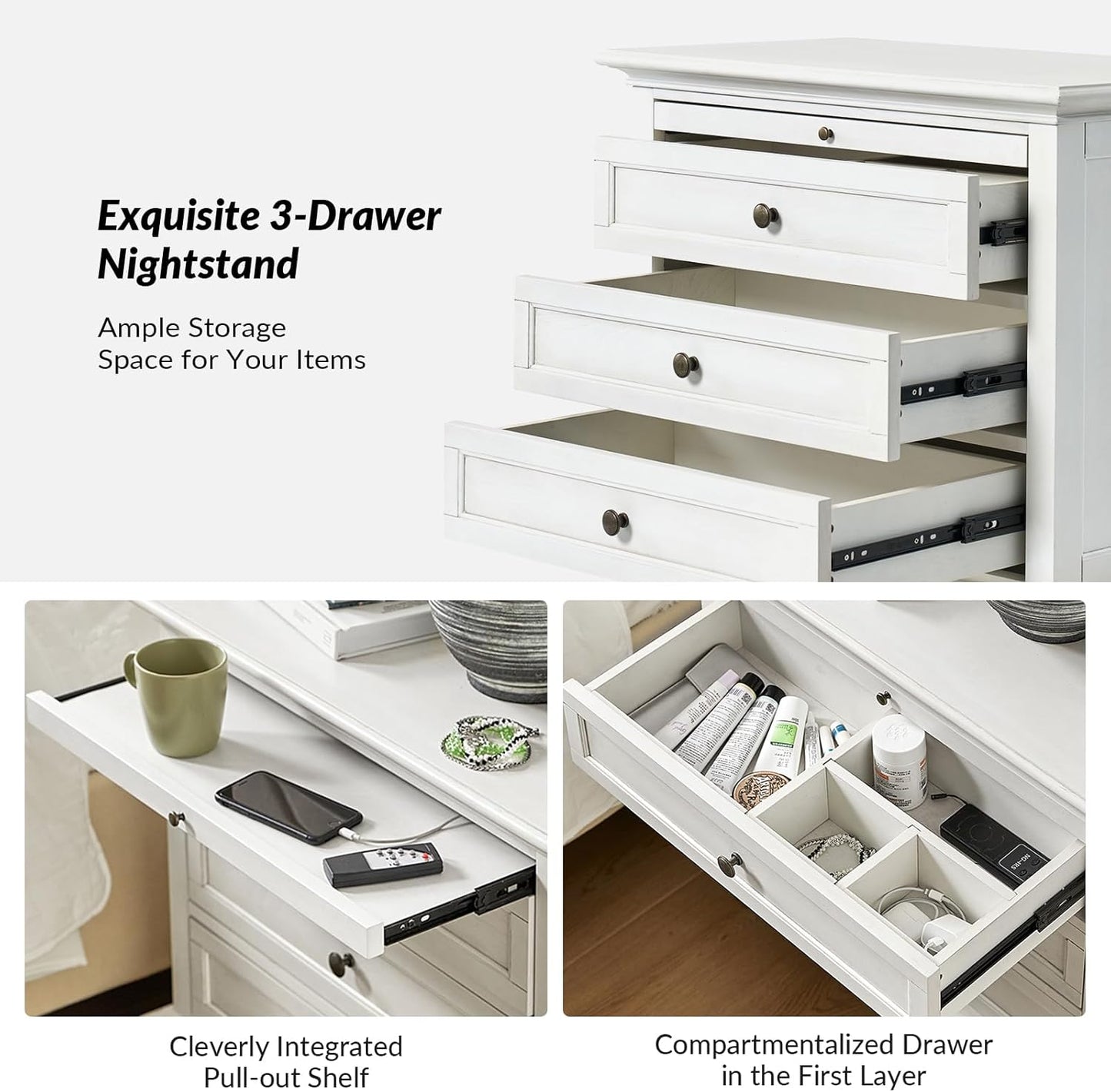 HULALA HOME Farmhouse 3 Drawer Nightstand with Tray, Drawer Organizer with Solid Wood Legs, Nightstand with Charging Station(Set of 2, White)