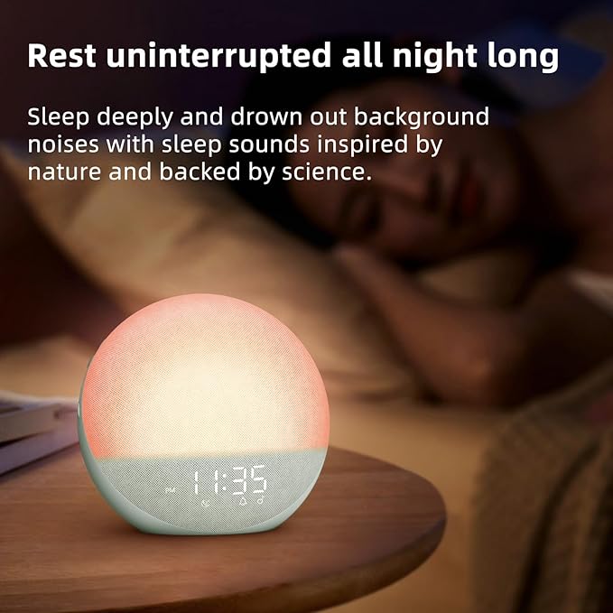 Sunrise Alarm Clock White Noise Machine: Natural Wake Up Light - Dimmable Clock with Bluetooth Speaker for Bedroom - 25 Sleep Sounds for Baby Adults Kids Sage Green