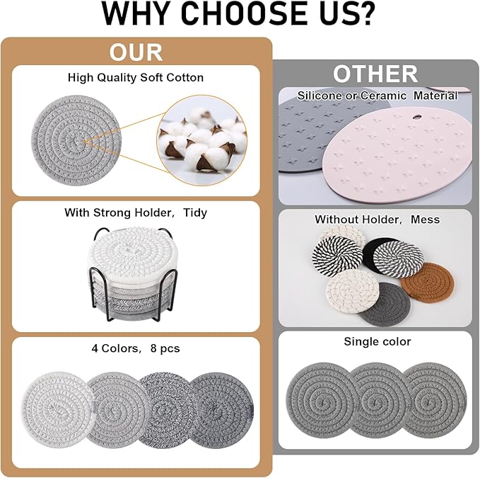 OIAHOMY 8 Pcs Coasters with Holder, Coasters for Drinks, Woven Cotton Absorbent Coaster Set for Kinds of Cups, Housewarming Gifts for Home Decor -Grey