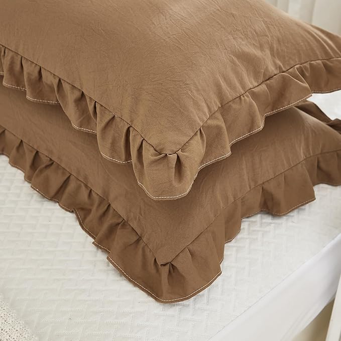 Merryword Brown Ruffle Standard Pillow Shams 20x26inch - Cute Coffee Pillowcases Set of 2 - Shabby Chic Soft Cover 2 Pack