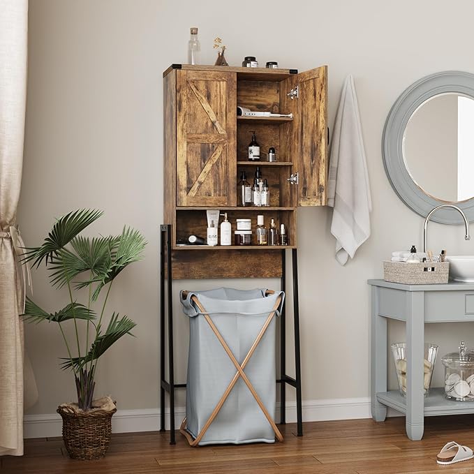 Over The Toilet Storage Cabinet with 2-Door Design Bathroom Organizers and Storage with Anti-Tip Device Over Toilet Organizer with Shelves for Bathroom,Restroom,Laundry Brown