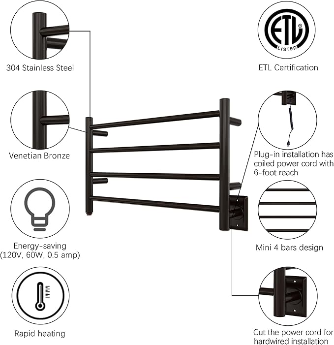 HEATGENE Towel Warmer 4 Bar Towel Dryer Wall-Mounted Plug-in Bath Towel Heater - Venetian Bronze