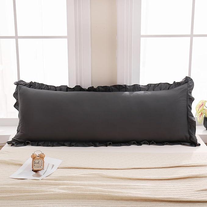 Merryword Dark Body Pillow Cover 20x54in, Reversible Long Pillowcase With Ruffled Edges, Cute Design (1 Body, Gray)
