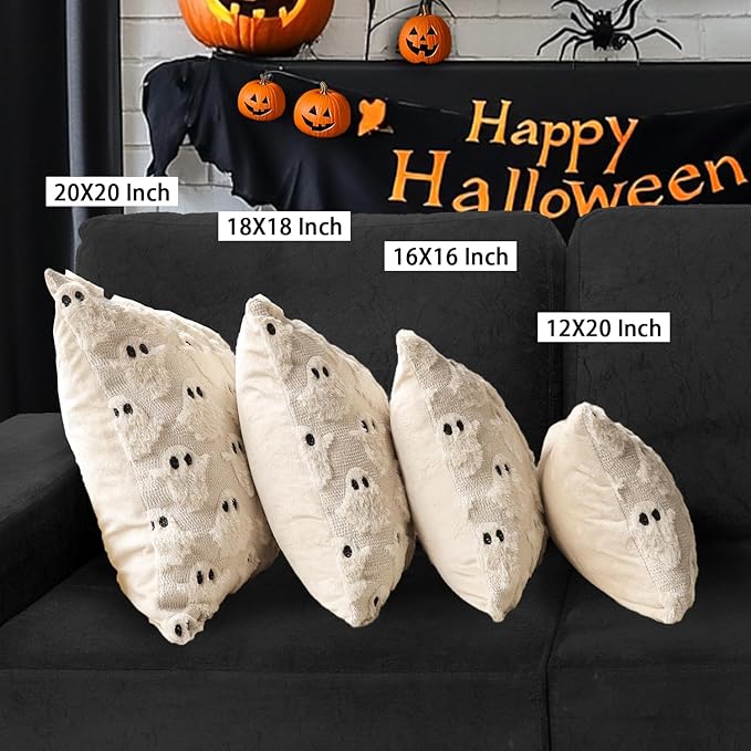4TH Emotion Halloween Ghost Decorative Pillow Covers 20x20 Set of 2, Beige Soft Plush Faux Fur Farmhouse Throw Cushion Cases for Fall Autumn Holiday Home Decorations