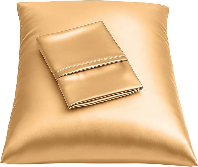 Satin Pillowcase with Zipper, for Hair and Skin Care, Feels Soft and Cool Like a Silk Pillowcase, Gold Satin Pillow Cases 2 Pack, Slik Pillow Cover, Standard Size - Set of 2