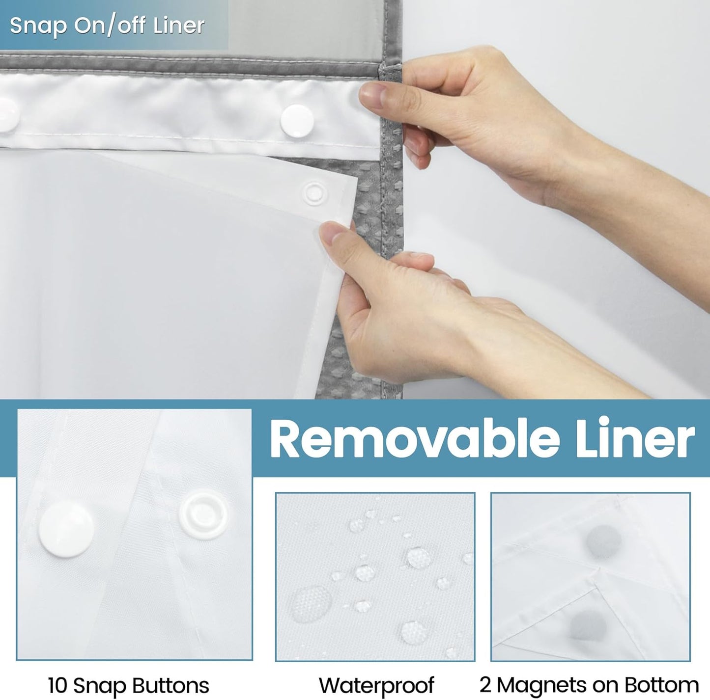 Stall No Hook Shower Curtain with Snap in Liner,230GSM Waffle Weave Shower Curtains for Bathroom,60W x 74H,Grey