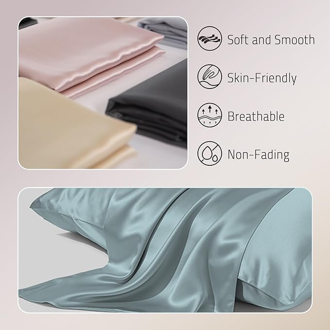 Mulberry Silk Pillowcases Set of 2, Real Silk Pillowcases for Hair and Skin, Prevent Acne, Organic, 2 Pack with Hidden Zipper, Haze Blue, Standard (20"26")