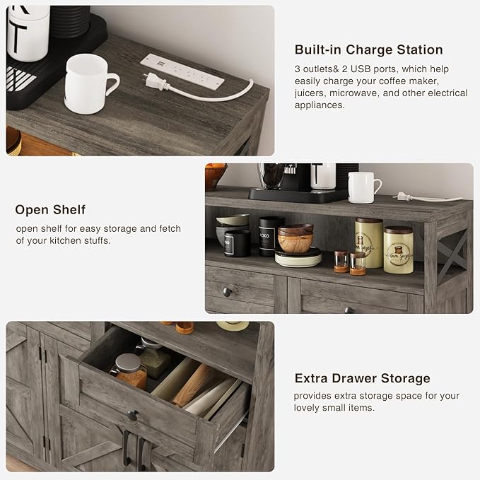 51" Farmhouse Buffet Sideboard with Storage, Kitchen Pantry Cabinet with Storage Drawers, Wood Cupboard Hutch, Coffee Bar Station Table for Kitchen, Living Room, Dining Room, Grey