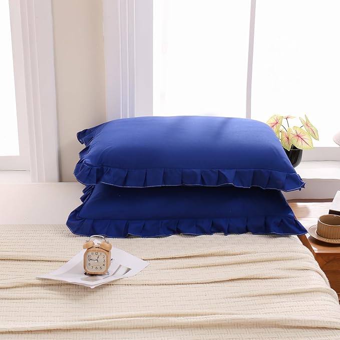 Merryword Navy Blue Pillow Shams Navy Standard Pillowcases Cute Pillow Cover Set of 2 Soft Shabby Chic Ruffled Pillowcases 2 Pack (Queen (20''x30''), Navy Blue)