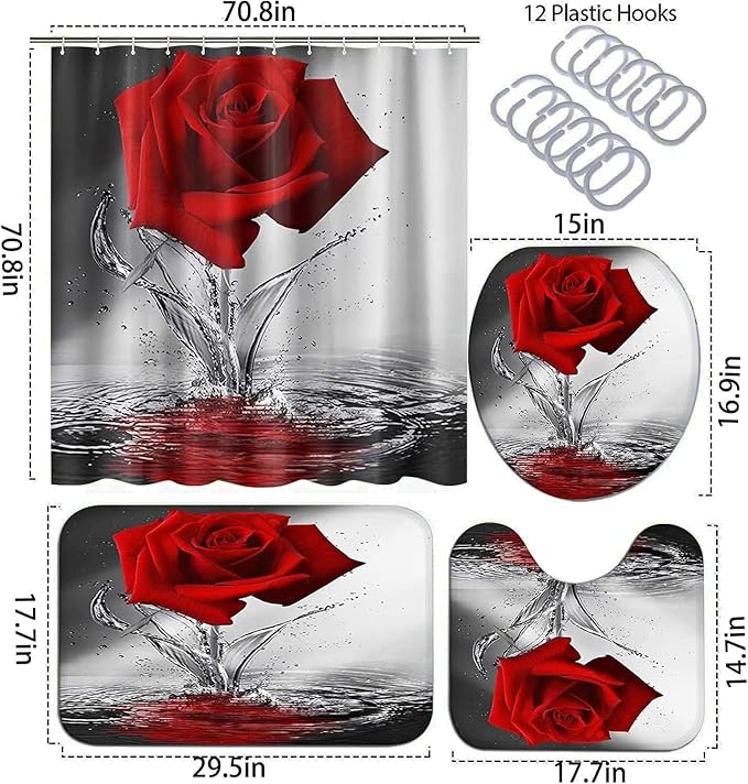 4Pcs Red Rose Shower Curtain Sets, Romantic Water Red Rose Bathroom Sets with Shower Curtain and Rugs Toilet Lid Cover Bath Mat, Waterproof Fabric Rose Gift Halloween Shower Curtains with Hooks