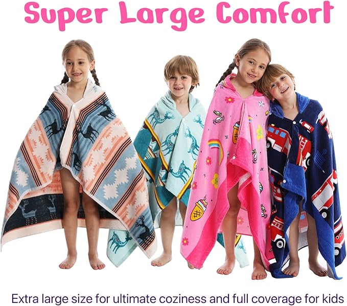 Kids Bath Towels, Kids Towel Girls Boys Hooded Beach,Bathroom,Pool Swim Towels 30 × 50 INCH Large Size Ultra Absorbent Cute Cartoon Animal Full Vitality 100% Cotton Wearable Wrap for Child
