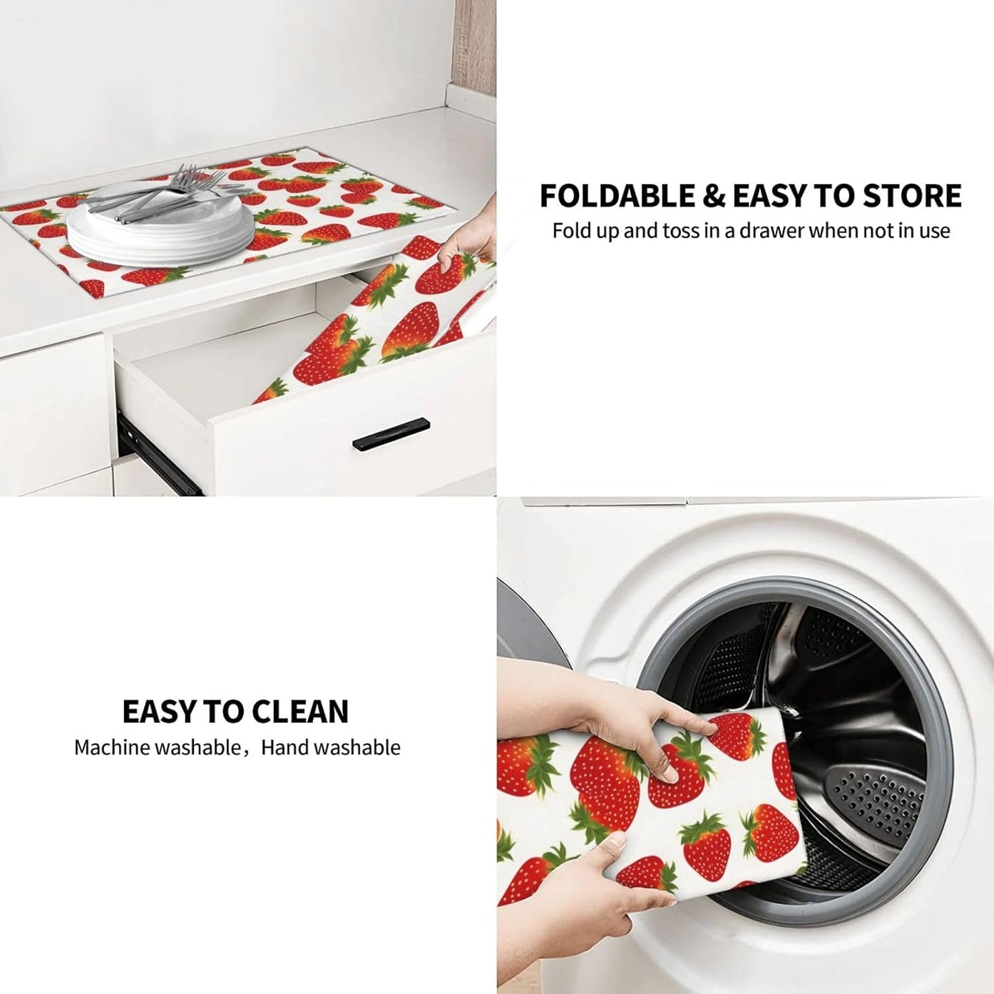 Cute Strawberry Dish Drying Mat For Kitchen Counter, Super Absorbent Microfiber Dish Drying Pad, Kitchen Gadgets For Easy Clean Multi-Use Large 18"x24"