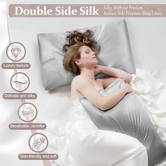 2 Pack 100% Pure Silk Pillowcase for Hair and Skin, Both Sides Mulberry Silk Pillowcases with Hidden Zipper, Cooling Pillowcase 19 Momme, 600 Thread Silk Pillow Cases Queen Size, Gray
