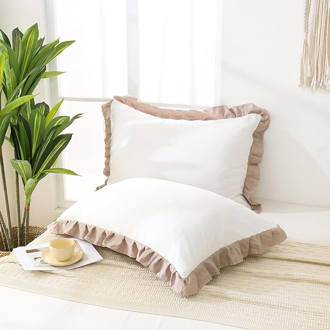 Merryword Taupe Pillow Shams White and Taupe Reversible Standard Pillowcases Cute Pillow Cover Set of 2 Soft Shabby Chic Ruffled Pillowcases 2 Pack (Queen (20''x30''), White Taupe)