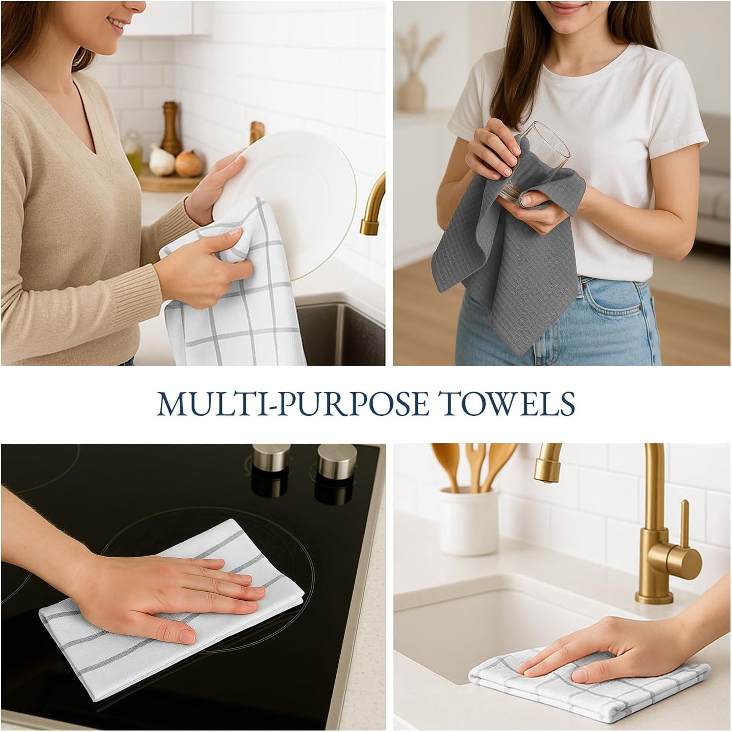 LANE LINEN Cotton Kitchen Towels and Dish Cloths Set, 6-Pack – Absorbent, Quick-Drying Dish Towel, 18" x 28", Soft, Premium Hand and Tea Towels - Grey