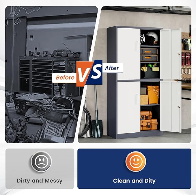 Yizosh Metal Storage Locking Cabinet with 4 Doors and 2 Adjustable Shelves,71" Lockable Garage Tall Steel Cabinet,for Home Office,Living Room,Pantry,Gym,Commercial Storage (Gray White)