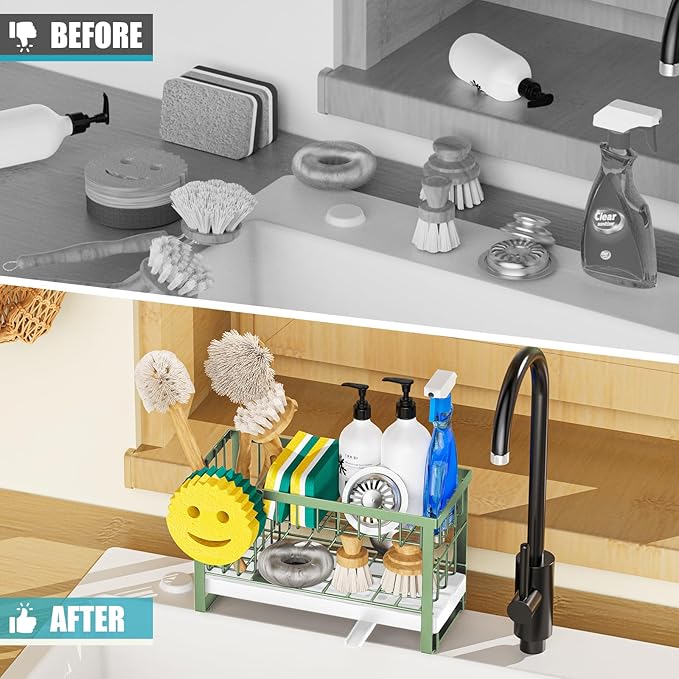 Sponge Holder for Kitchen Sink with Flexible Sink Caddy Smiley Face,2 Tier Kitchen Sink Organizer Countertop and Storage Essentials,Soap Dispenser Organize,Home Decor Accessories-Green