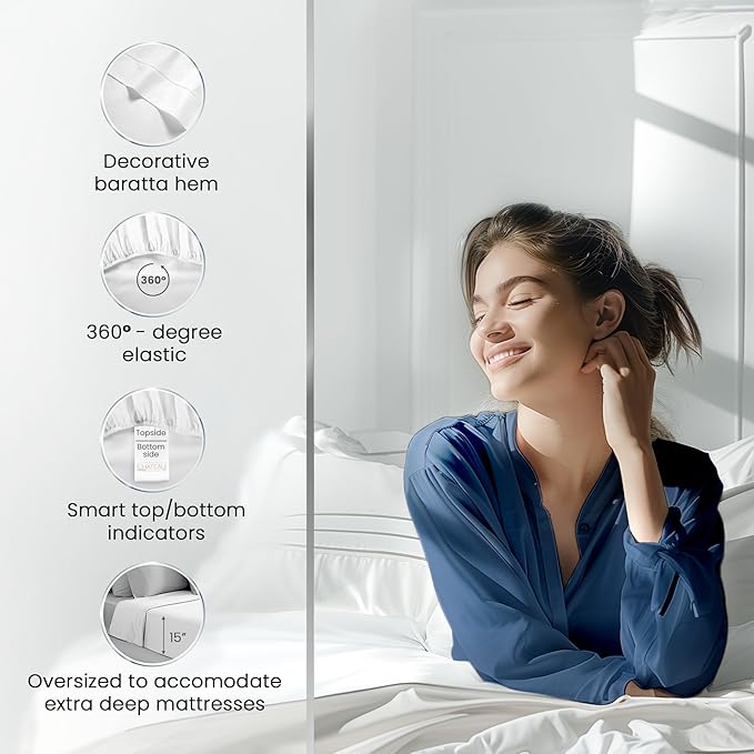 100% Cotton Luxury Sheets - Full Size Bed Set, Breathable & Cooling, Deep Pocket Sheets & Pillowcases, 1000 Thread Count, White