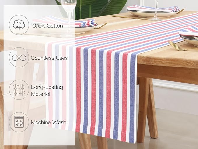 PurpleEssences 4th of July Striped Table Runner 90 inches Long Stripe Runner 14 x 90 Inch 100% Cotton - Durable Washable Fabric - Labor Day - Red Blue White