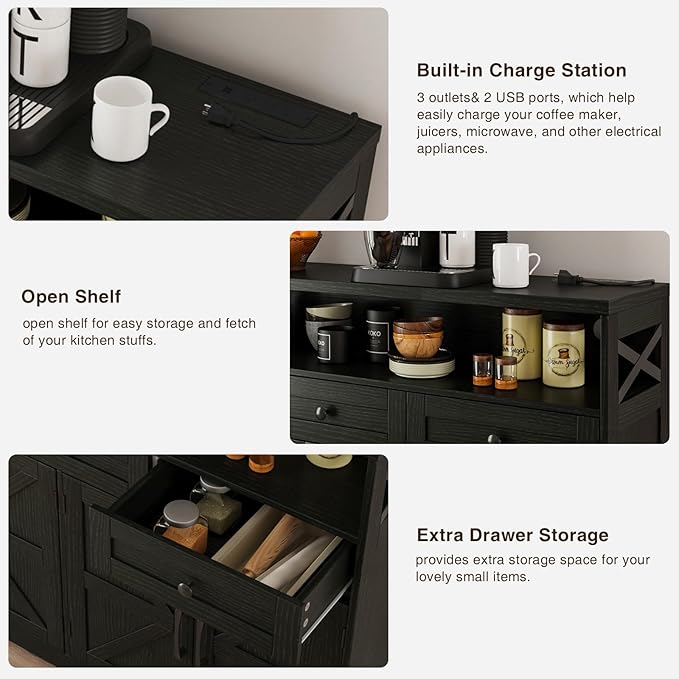 51" Black Buffet Sideboard Cabinet with Storage, Farmhouse Kitchen Storage Pantry Cabinet with Drawers, Wood Cupboard Hutch, Coffee Bar Station Table for Kitchen, Living Room, Dining Room