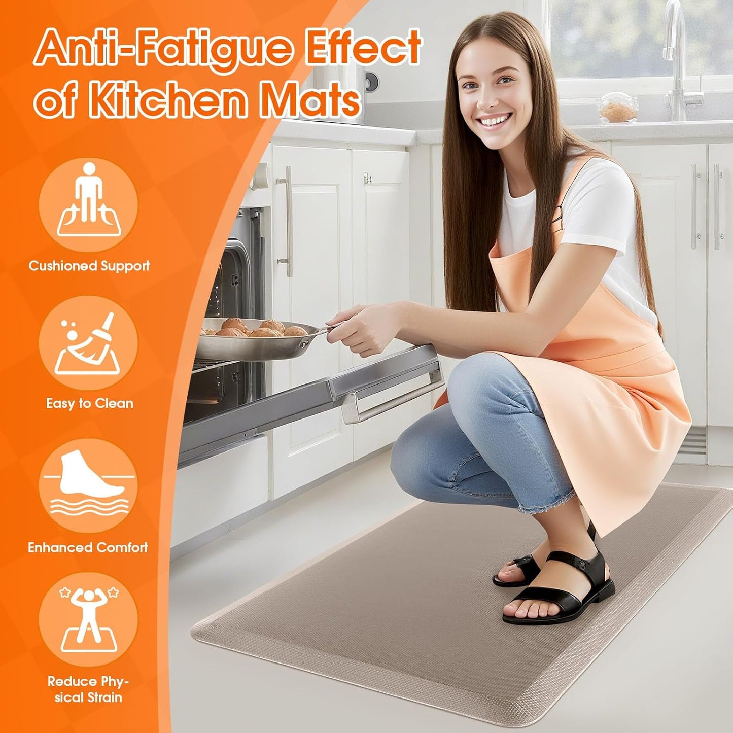 Kitchen Mat, Cushioned Thick Floor Comfort Mat, with Non-Slip Bottom, Waterproof & Stain Resistant & Easy Clean, Standing Desk Mat for Kitchen, Sink, Office (17.3''x28'', Khaki)