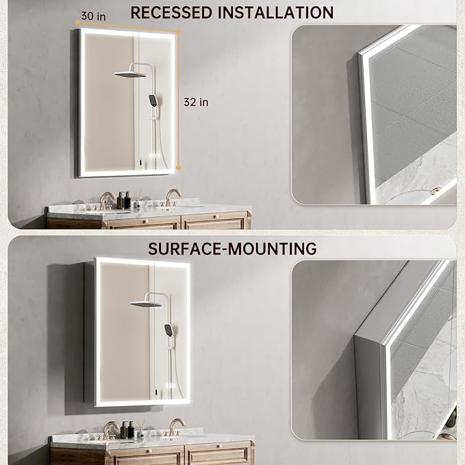 30"x32" Medicine Cabinet Mirror, LED Lighted Medicine Cabinet with Electrical Outlet&USB, Anti-Fog, 3 Colors Temperature Stepless Dimmable, Aluminum Cabinet for Storage and Mordern Decor