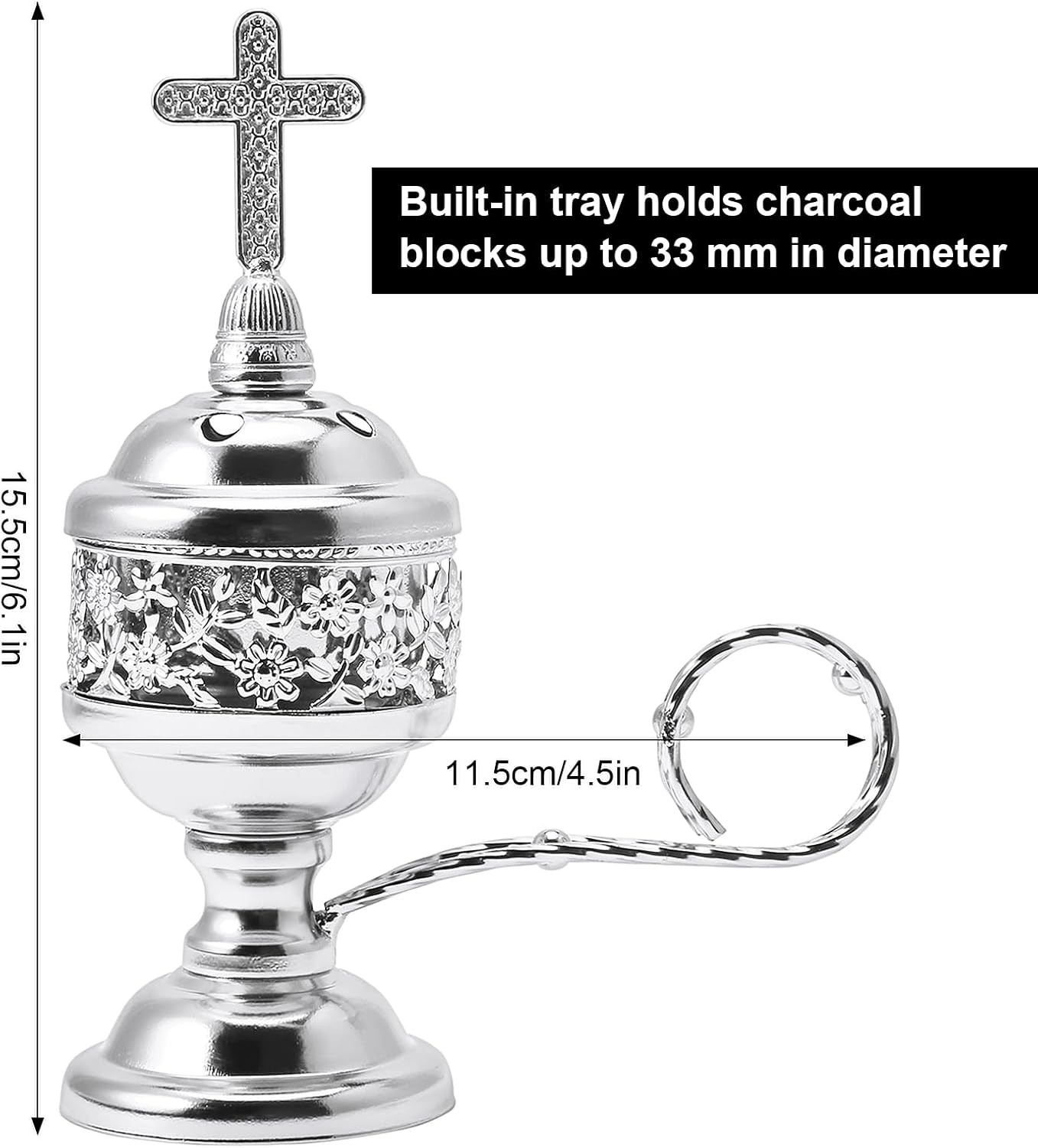 Yawlsow Incense Burner, Frankincense Charcoal Incense Stand, Bakhoor Incense Burner Holder, Ideal for Aromatherapy, Yoga and Spa, Home and Christian Church Censer, (Silver)