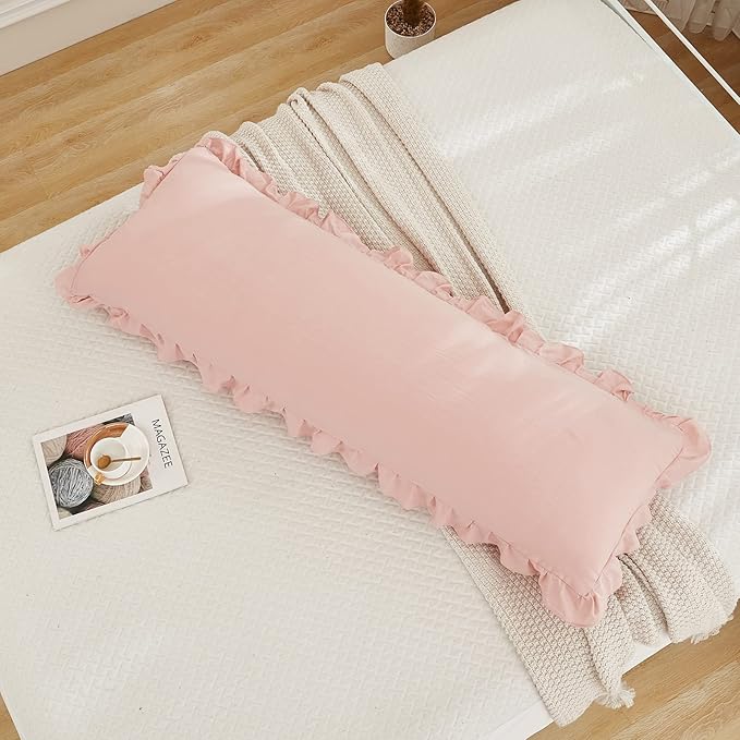 Pink Body Pillow Cover 20x54inches Long Pillowcase Ruffled Pillowcases Shabby Chic Ruffled Fringe Decor Body Ruffled Pillow Sham Cute Pillowcase (1 Body, Pink)