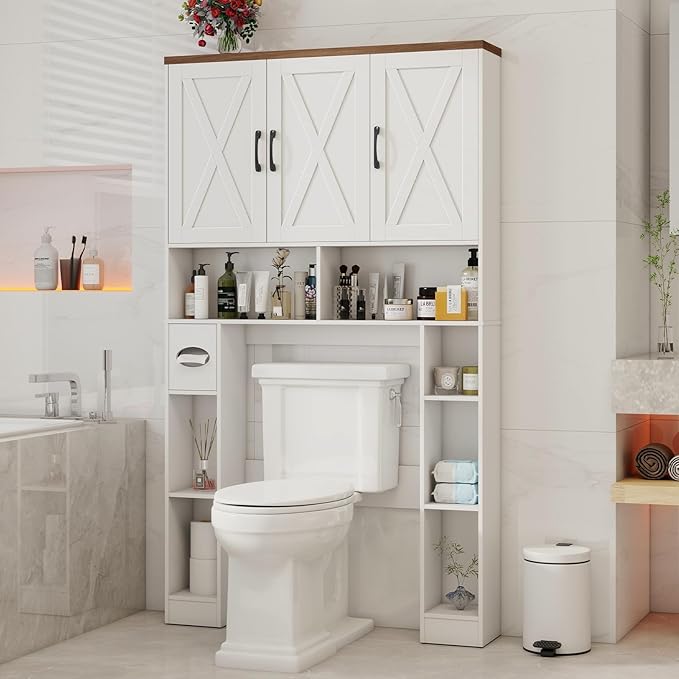 Over The Toilet Storage Cabinet, Farmhouse Toilet Cabinet Rack with 3 Barn Doors, Space Saving Bathroom Organizer with Shelves, Toilet Paper Holder and Towel Rack for Bathroom,Restroom,Laundry, White