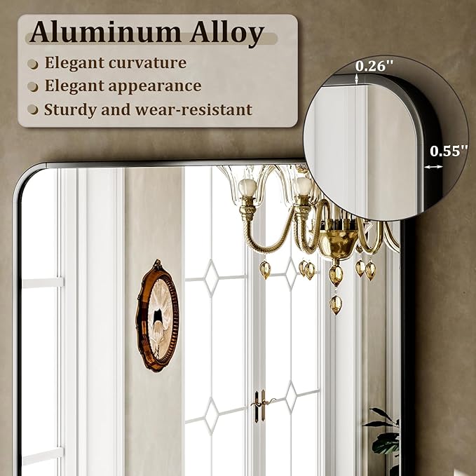 Round Corner Mirror Full Length, 66" x 23" Floor Mirror with Stand, Matte Aluminum Alloy Frame Full Body Mirror, Standing Hanging or Leaning for Bedroom and Living Room, Black