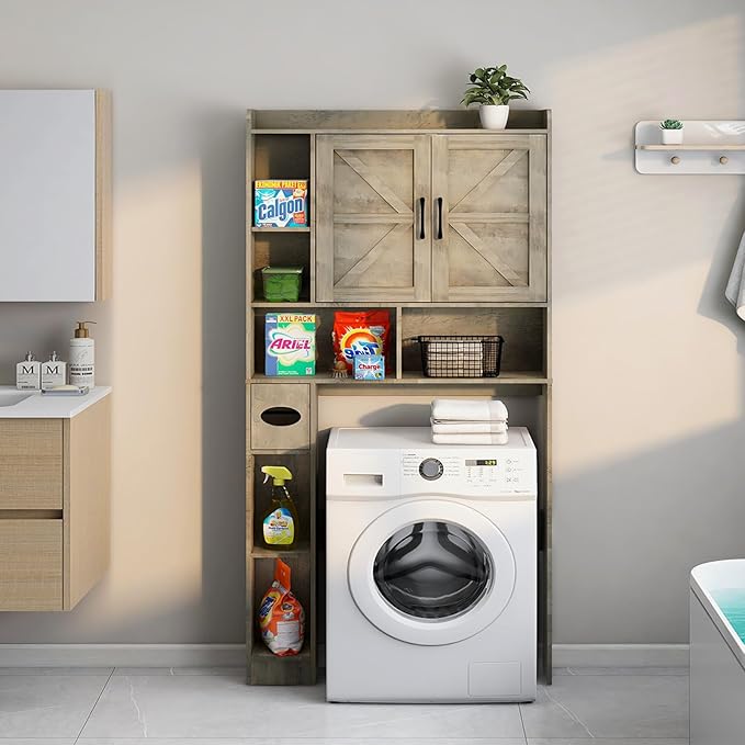 Over The Toilet Storage Cabinet, Farmhouse Storage Cabinet Over Toilet with 2 Barn Door & Toilet Paper Holder Stand,Home Space-Saving Toilet Rack, for Bathroom, Restroom, Laundry