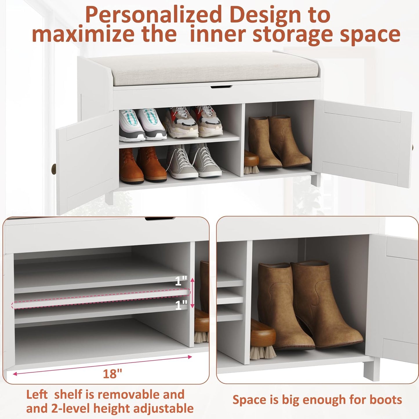 HOMEFORT 30" Shoe Bench with Lift Top Storage, Entryway Bench with Cushioned Seat, Wooden End of Bed Bench, Shoe Cabinet Bench with Hidden Storage Space, for Bedroom, Hallway,White