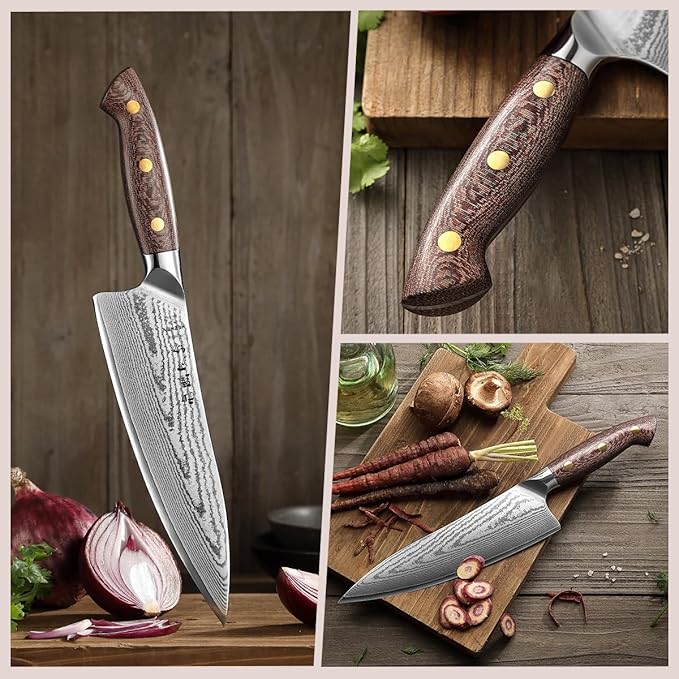 HEZHEN Damascus Chef Knife with Sheath, 8.3 Inches, 67 Layers Dmascus Steel Japanese Kitchen Knifefor Professional Chefs and Family, Micarta Handle,Gift Ready