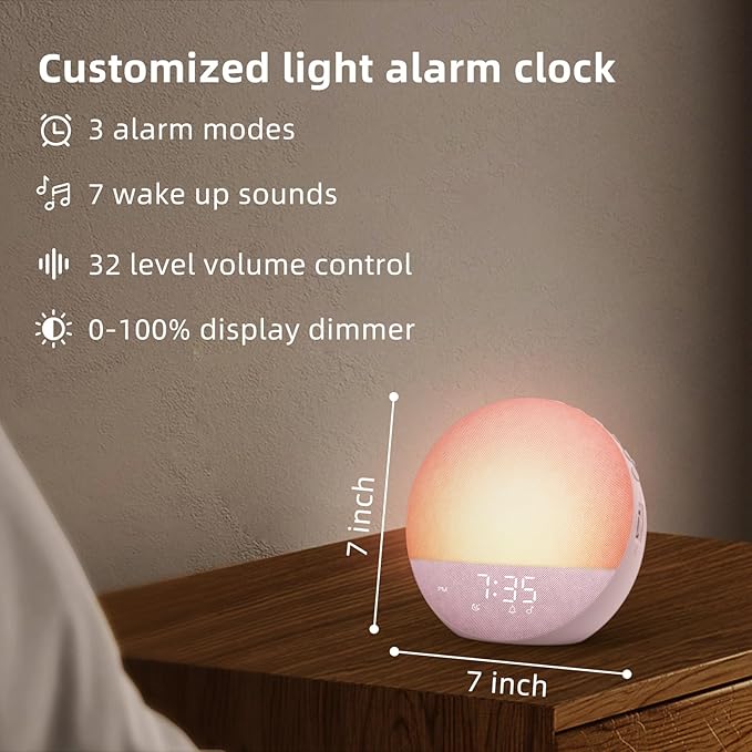 Sunrise Alarm Clock White Noise Machine: Natural Wake Up Light - Dimmable Clock with Bluetooth Speaker for Bedroom - 25 Sleep Sounds for Baby Adults Kids Sakura Pink