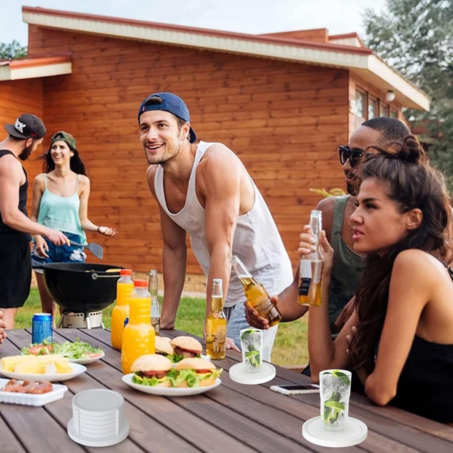 MinBoo Bamboo Coasters for Coffee Table Set of 6 Coasters for Drinks Absorbent with Holder Coffee Table Decor for Tabletop Protection Gifts for House Warming New Home & Wedding (White)