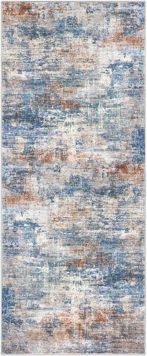 IOHOUZE Abstract Runner Rug 2x5 Ft Washable Runners for Hallways, Non Slip Kitchen Runner Printed Faux Wool Entryway Runner Indoor, Modern Abstract Floor Carpet for Hall Bedroom, Blue Rust