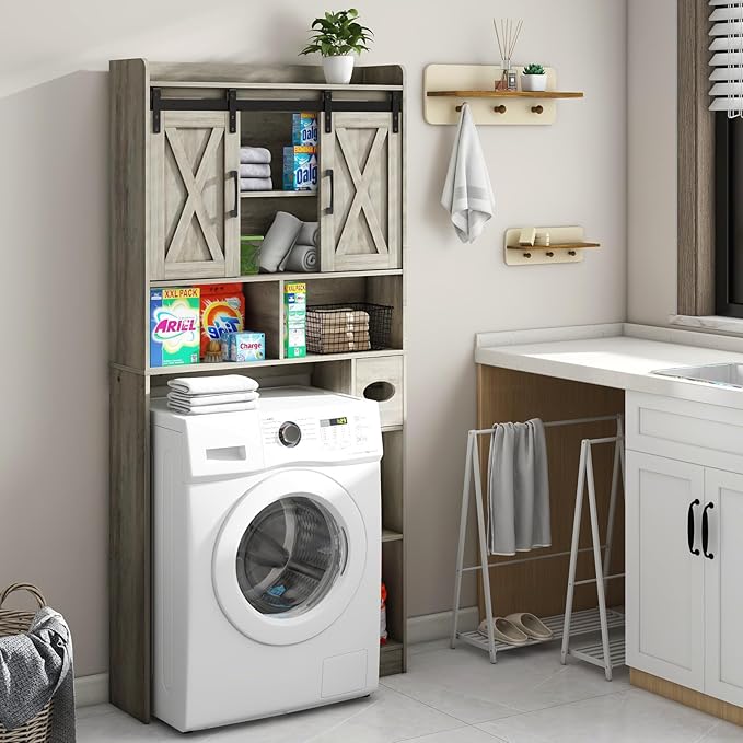 Over The Toilet Storage Cabinet, Farmhouse Storage Cabinet Over Toilet with Sliding Door& Toilet Paper Holder Stand,Home Space-Saving Toilet Rack, for Bathroom, Restroom, Laundry