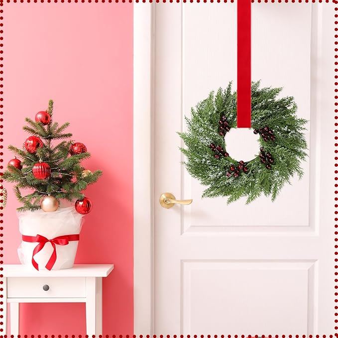 12 Pcs Small Christmas Norfolk Wreaths 15 Inch Christmas Kitchen Cabinet Mini Wreath Real Touch with Bow Ribbon Cedar Red Berry for Xmas Front Door Window Chair Fireplace Table Pillar Farmhouse Decor